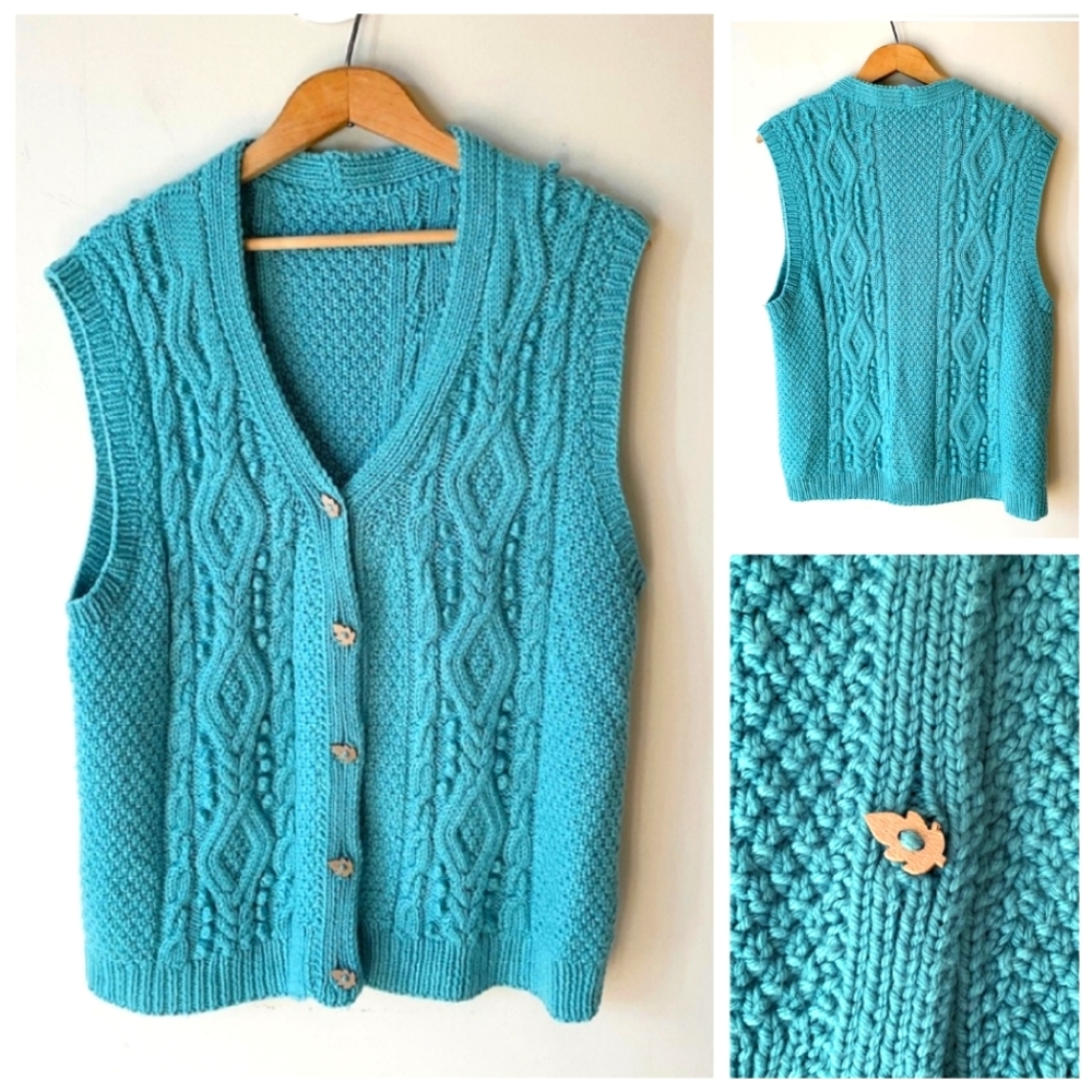 Handmade Teal Cable Knit Button Up Sweater Vest - Picture 1 of 5